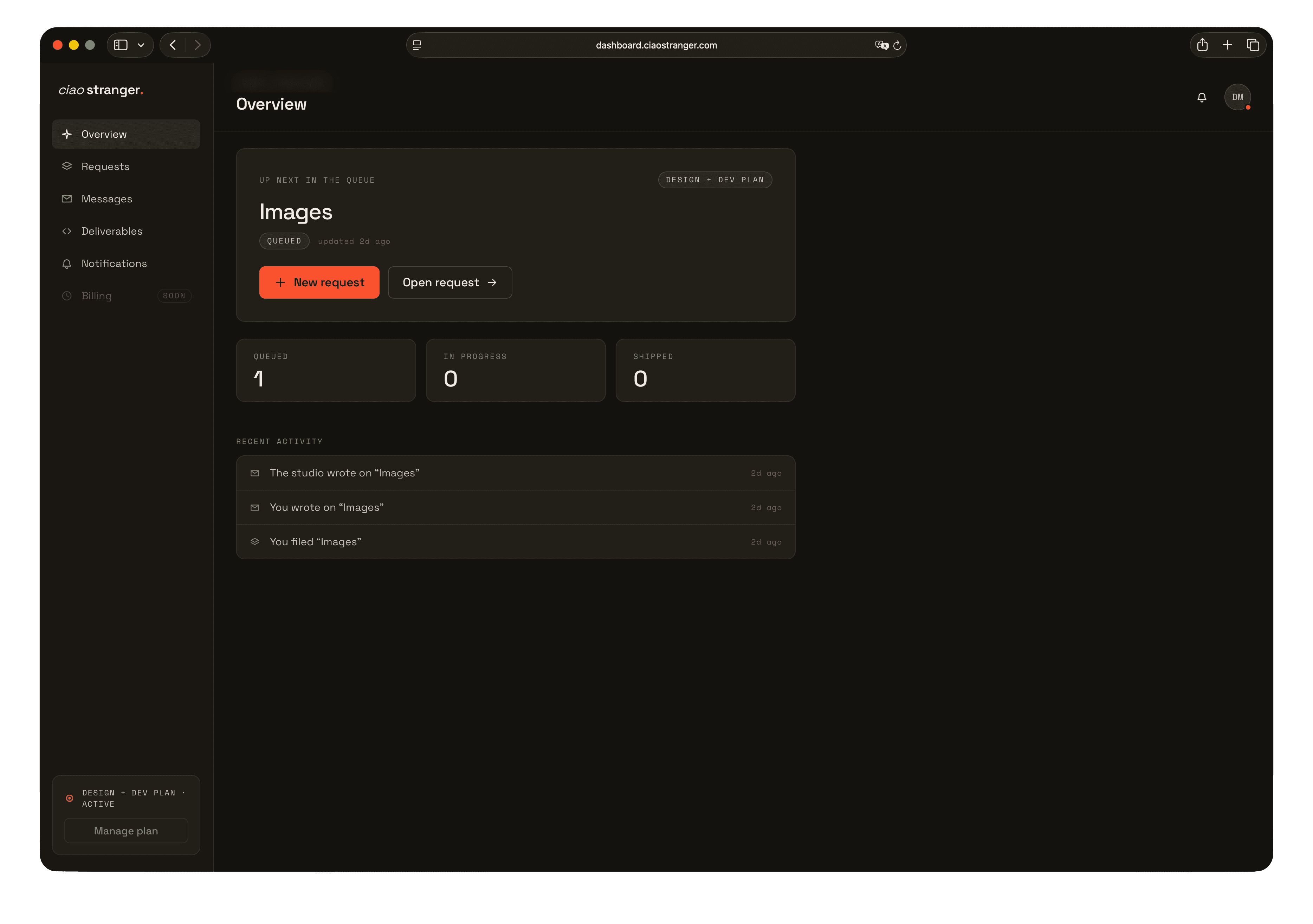 The Ciao Stranger client portal — requests submitted, in progress and shipped